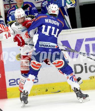 EBEL. Eishockey Bundesliga. EC VSV gegen KAC. Geoff Waugh, (VSV),  Johannes Reichel  (KAC). Villach, am 12.10.2014.
Foto: Kuess 


---
pressefotos, pressefotografie, kuess, qs, qspictures, sport, bild, bilder, bilddatenbank