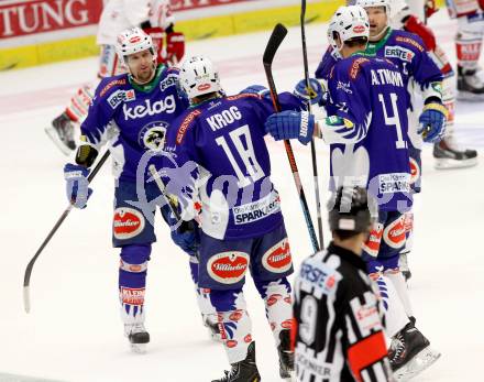 EBEL. Eishockey Bundesliga. EC VSV gegen KAC.  Torjubel Francois Fortier, Jason Krog (VSV). Villach, am 12.10.2014.
Foto: Kuess 


---
pressefotos, pressefotografie, kuess, qs, qspictures, sport, bild, bilder, bilddatenbank