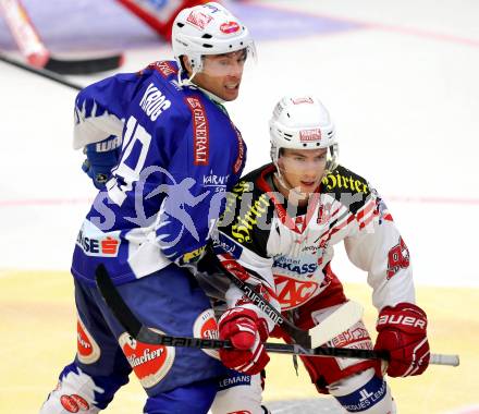 EBEL. Eishockey Bundesliga. EC VSV gegen KAC. Jason Krog, (VSV), Philipp Koczera  (KAC). Villach, am 12.10.2014.
Foto: Kuess 


---
pressefotos, pressefotografie, kuess, qs, qspictures, sport, bild, bilder, bilddatenbank