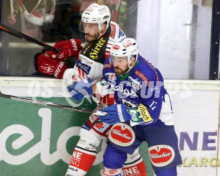 EBEL. Eishockey Bundesliga. EC VSV gegen KAC. Sean Ringrose,  (VSV), Jean Francois Jacques (KAC). Villach, am 12.10.2014.
Foto: Kuess 


---
pressefotos, pressefotografie, kuess, qs, qspictures, sport, bild, bilder, bilddatenbank