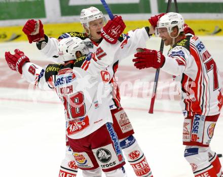 EBEL. Eishockey Bundesliga. EC VSV gegen KAC.  Torjubel Thomas Koch, Kim Stroemberg, Jamie Lundmark (KAC). Villach, am 12.10.2014.
Foto: Kuess 


---
pressefotos, pressefotografie, kuess, qs, qspictures, sport, bild, bilder, bilddatenbank