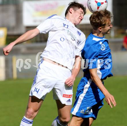 Fussball Kaerntner Liga. Annabichler SV ASV gegen Treibach. Jakob Hohenberger, (ASV), Hanno Ulrich Wachernig  (Treibach) . Klagenfurt, am 12.10.2014.
Foto: Kuess
---
pressefotos, pressefotografie, kuess, qs, qspictures, sport, bild, bilder, bilddatenbank