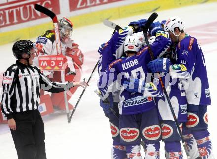 EBEL. Eishockey Bundesliga. EC VSV gegen KAC.  Torjubel (VSV). Villach, am 12.10.2014.
Foto: Kuess 


---
pressefotos, pressefotografie, kuess, qs, qspictures, sport, bild, bilder, bilddatenbank