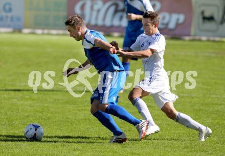 Fussball Kaerntner Liga. Annabichler SV ASV gegen Treibach. Grega Triplat, (ASV), Andreas Wolfger (Treibach) . Klagenfurt, am 12.10.2014.
Foto: Kuess
---
pressefotos, pressefotografie, kuess, qs, qspictures, sport, bild, bilder, bilddatenbank