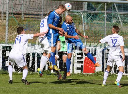 Fussball Kaerntner Liga. Annabichler SV ASV gegen Treibach. Jakob Hohenberger, Stephan Mathias Stueckler,  (ASV), Hanno Ulrich Wachernig, Julian Huebl (Treibach) . Klagenfurt, am 12.10.2014.
Foto: Kuess
---
pressefotos, pressefotografie, kuess, qs, qspictures, sport, bild, bilder, bilddatenbank