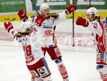 EBEL. Eishockey Bundesliga. EC VSV gegen KAC.  Torjubel Thomas Koch, Kim Stroemberg, Jamie Lundmark (KAC). Villach, am 12.10.2014.
Foto: Kuess 


---
pressefotos, pressefotografie, kuess, qs, qspictures, sport, bild, bilder, bilddatenbank