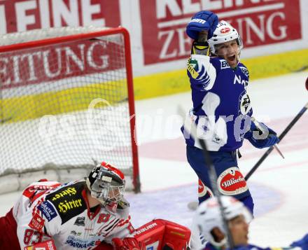 EBEL. Eishockey Bundesliga. EC VSV gegen KAC. Torjubel Francois Fortier, (VSV), Pekka Tuokkola  (KAC). Villach, am 12.10.2014.
Foto: Kuess 


---
pressefotos, pressefotografie, kuess, qs, qspictures, sport, bild, bilder, bilddatenbank