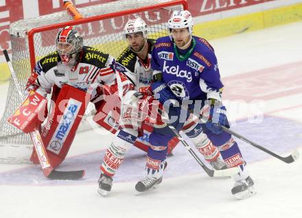 EBEL. Eishockey Bundesliga. EC VSV gegen KAC. Francois Fortier,  (VSV), Pekka Tuokkola, Martin Schumnig (KAC). Villach, am 12.10.2014.
Foto: Kuess 


---
pressefotos, pressefotografie, kuess, qs, qspictures, sport, bild, bilder, bilddatenbank