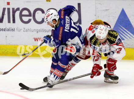 EBEL. Eishockey Bundesliga. EC VSV gegen KAC. Francois Fortier,  (VSV), Thomas Vallant (KAC). Villach, am 12.10.2014.
Foto: Kuess 


---
pressefotos, pressefotografie, kuess, qs, qspictures, sport, bild, bilder, bilddatenbank