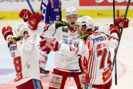 EBEL. Eishockey Bundesliga. EC VSV gegen KAC.  Torjubel Kim Stroemberg, Jamie Lundmark, Thomas Koch (KAC). Villach, am 12.10.2014.
Foto: Kuess 


---
pressefotos, pressefotografie, kuess, qs, qspictures, sport, bild, bilder, bilddatenbank