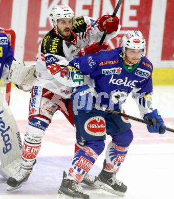 EBEL. Eishockey Bundesliga. EC VSV gegen KAC. Stefan Bacher,  (VSV), Jean Francois Jacques (KAC). Villach, am 12.10.2014.
Foto: Kuess 


---
pressefotos, pressefotografie, kuess, qs, qspictures, sport, bild, bilder, bilddatenbank