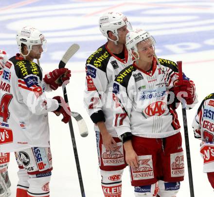 EBEL. Eishockey Bundesliga. EC VSV gegen KAC.  enttaeuscht Jamie Lundmark, Kim Stromberg, Kyle Wharton (KAC). Villach, am 12.10.2014.
Foto: Kuess 


---
pressefotos, pressefotografie, kuess, qs, qspictures, sport, bild, bilder, bilddatenbank