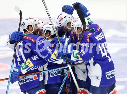 EBEL. Eishockey Bundesliga. EC VSV gegen KAC. Torjubel Brock McBride, Benjamin Petrik, Mario Altmann, Marco Pewal, Geoff Waugh (VSV). Villach, am 12.10.2014.
Foto: Kuess 


---
pressefotos, pressefotografie, kuess, qs, qspictures, sport, bild, bilder, bilddatenbank