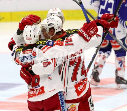 EBEL. Eishockey Bundesliga. EC VSV gegen KAC.  Torjubel Kim Stroemberg, Jamie Lundmark, Thomas Koch (KAC). Villach, am 12.10.2014.
Foto: Kuess 


---
pressefotos, pressefotografie, kuess, qs, qspictures, sport, bild, bilder, bilddatenbank