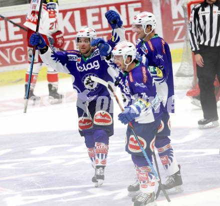 EBEL. Eishockey Bundesliga. EC VSV gegen KAC. Torjubel Brock McBride, Marco Pewal (VSV). Villach, am 12.10.2014.
Foto: Kuess 


---
pressefotos, pressefotografie, kuess, qs, qspictures, sport, bild, bilder, bilddatenbank