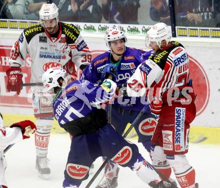 EBEL. Eishockey Bundesliga. EC VSV gegen KAC. Stefan Bacher, Brock McBride,  (VSV), Jan Urbas (KAC). Villach, am 12.10.2014.
Foto: Kuess 


---
pressefotos, pressefotografie, kuess, qs, qspictures, sport, bild, bilder, bilddatenbank