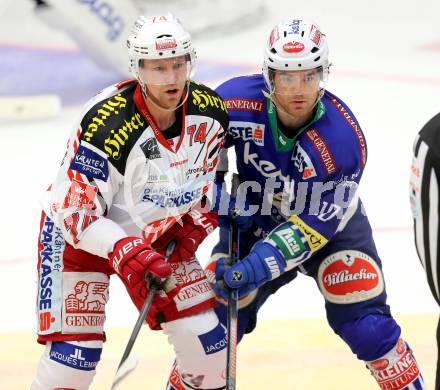 EBEL. Eishockey Bundesliga. EC VSV gegen KAC. Brock McBride,  (VSV), Jamie Lundmark (KAC). Villach, am 12.10.2014.
Foto: Kuess 


---
pressefotos, pressefotografie, kuess, qs, qspictures, sport, bild, bilder, bilddatenbank