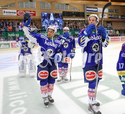 EBEL. Eishockey Bundesliga. EC VSV gegen KAC. Jubel Jason Krog, Geoff Waugh (VSV). Villach, am 12.10.2014.
Foto: Kuess 


---
pressefotos, pressefotografie, kuess, qs, qspictures, sport, bild, bilder, bilddatenbank