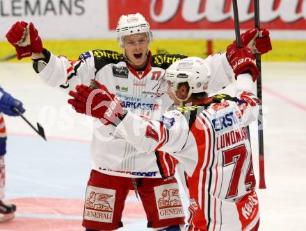 EBEL. Eishockey Bundesliga. EC VSV gegen KAC.  Torjubel Kim Stroemberg, Jamie Lundmark (KAC). Villach, am 12.10.2014.
Foto: Kuess 


---
pressefotos, pressefotografie, kuess, qs, qspictures, sport, bild, bilder, bilddatenbank