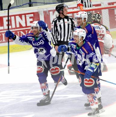 EBEL. Eishockey Bundesliga. EC VSV gegen KAC.  Torjubel Brock McBride (VSV). Villach, am 12.10.2014.
Foto: Kuess 


---
pressefotos, pressefotografie, kuess, qs, qspictures, sport, bild, bilder, bilddatenbank