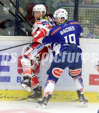 EBEL. Eishockey Bundesliga. EC VSV gegen KAC.  Stefan Bacher,  (VSV), Patrick Harand (KAC). Villach, am 12.10.2014.
Foto: Kuess 


---
pressefotos, pressefotografie, kuess, qs, qspictures, sport, bild, bilder, bilddatenbank