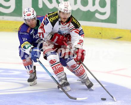 EBEL. Eishockey Bundesliga. EC VSV gegen KAC. Brock McBride,  (VSV), Manuel Geier (KAC). Villach, am 12.10.2014.
Foto: Kuess 


---
pressefotos, pressefotografie, kuess, qs, qspictures, sport, bild, bilder, bilddatenbank