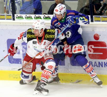 EBEL. Eishockey Bundesliga. EC VSV gegen KAC.  Benjamin Petrik,  (VSV), Kyle Wharton (KAC). Villach, am 12.10.2014.
Foto: Kuess 


---
pressefotos, pressefotografie, kuess, qs, qspictures, sport, bild, bilder, bilddatenbank