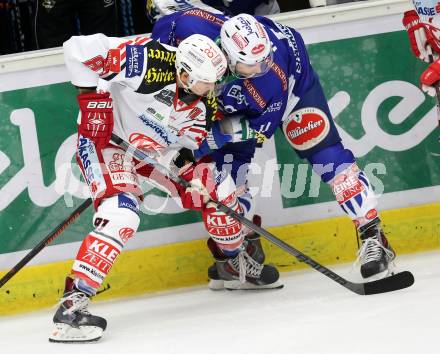 EBEL. Eishockey Bundesliga. EC VSV gegen KAC. Eric Hunter,  (VSV), Maximilian Isopp (KAC). Villach, am 12.10.2014.
Foto: Kuess 


---
pressefotos, pressefotografie, kuess, qs, qspictures, sport, bild, bilder, bilddatenbank