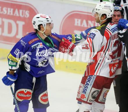 EBEL. Eishockey Bundesliga. EC VSV gegen KAC. Brock McBride,  (VSV), Thomas Hundertpfund (KAC). Villach, am 12.10.2014.
Foto: Kuess 


---
pressefotos, pressefotografie, kuess, qs, qspictures, sport, bild, bilder, bilddatenbank