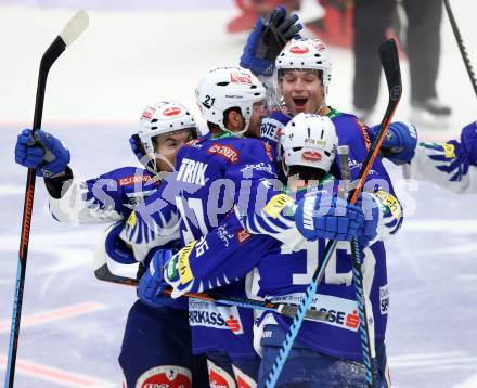 EBEL. Eishockey Bundesliga. EC VSV gegen KAC. Torjubel Brock McBride, Benjamin Petrik, Mario Altmann, Marco Pewal (VSV). Villach, am 12.10.2014.
Foto: Kuess 


---
pressefotos, pressefotografie, kuess, qs, qspictures, sport, bild, bilder, bilddatenbank