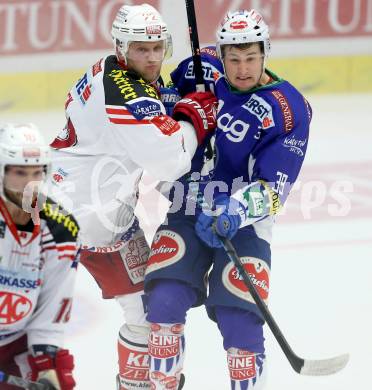 EBEL. Eishockey Bundesliga. EC VSV gegen KAC. Patrick Platzer, (VSV), Thomas Poeck  (KAC). Villach, am 12.10.2014.
Foto: Kuess 


---
pressefotos, pressefotografie, kuess, qs, qspictures, sport, bild, bilder, bilddatenbank