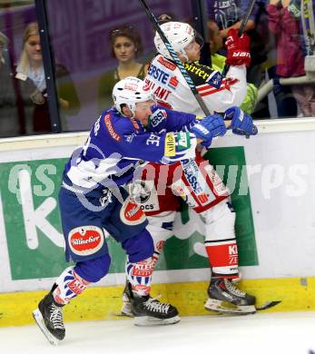 EBEL. Eishockey Bundesliga. EC VSV gegen KAC. Patrick Platzer, (VSV), Thomas Vallant  (KAC). Villach, am 12.10.2014.
Foto: Kuess 


---
pressefotos, pressefotografie, kuess, qs, qspictures, sport, bild, bilder, bilddatenbank