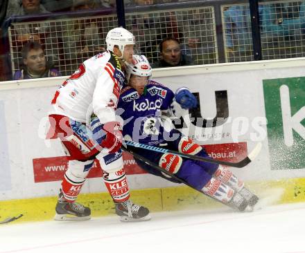 EBEL. Eishockey Bundesliga. EC VSV gegen KAC. Brock McBride, (VSV),  Thomas Poeck (KAC). Villach, am 12.10.2014.
Foto: Kuess 


---
pressefotos, pressefotografie, kuess, qs, qspictures, sport, bild, bilder, bilddatenbank