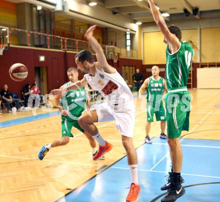 Basketball 2. Bundesliga. Woerthersee Piraten gegen KOS Celovec.  Alexander Ey, (Piraten), Ales Kunc  (KOS). Klagenfurt, am 18.10.2014.
Foto: Kuess
---
pressefotos, pressefotografie, kuess, qs, qspictures, sport, bild, bilder, bilddatenbank