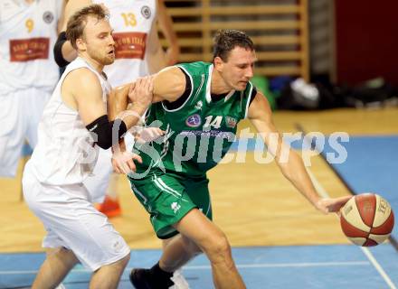 Basketball 2. Bundesliga. Woerthersee Piraten gegen KOS Celovec.  Sebastian Huber, (Piraten), Ales Kunc (KOS). Klagenfurt, am 18.10.2014.
Foto: Kuess
---
pressefotos, pressefotografie, kuess, qs, qspictures, sport, bild, bilder, bilddatenbank