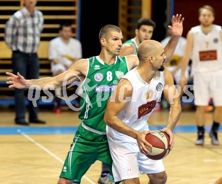 Basketball 2. Bundesliga. Woerthersee Piraten gegen KOS Celovec.  Joachim Buggelsheim, (Piraten), Ales Primc  (KOS). Klagenfurt, am 18.10.2014.
Foto: Kuess
---
pressefotos, pressefotografie, kuess, qs, qspictures, sport, bild, bilder, bilddatenbank