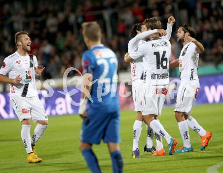 Fussball Bundesliga. RZ Pellets WAC gegen SV Scholz Groedig. Torjubel Jacobo Ynclan Pajares, Boris Huettenbrenner, Nemanja Rnic (WAC). Wolfsberg, am 18.10.2014.
Foto: Kuess

---
pressefotos, pressefotografie, kuess, qs, qspictures, sport, bild, bilder, bilddatenbank