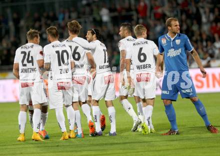 Fussball Bundesliga. RZ Pellets WAC gegen SV Scholz Groedig. torjubel Jacobo Ynclan Pajares, Boris Huettenbrenner, Matthias Maak (WAC). Wolfsberg, am 18.10.2014.
Foto: Kuess

---
pressefotos, pressefotografie, kuess, qs, qspictures, sport, bild, bilder, bilddatenbank