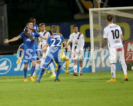 Fussball Bundesliga. RZ Pellets WAC gegen SV Scholz Groedig. Torjubel  Marvin Potzmann (Groedig). Wolfsberg, am 18.10.2014.
Foto: Kuess

---
pressefotos, pressefotografie, kuess, qs, qspictures, sport, bild, bilder, bilddatenbank