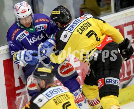 EBEL. Eishockey Bundesliga. EC VSV gegen UPC Vienna Capitals. Jason Krog,  (VSV), Brett Carson (Caps). Villach, am 19.10.2014.
Foto: Kuess 


---
pressefotos, pressefotografie, kuess, qs, qspictures, sport, bild, bilder, bilddatenbank