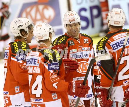 EBEL. Eishockey Bundesliga. KAC gegen HC Orli Znojmo. Jubel Kirk Furey, Jamie Lundmark, Luke Pither, Thomas Poeck (KAC). Klagenfurt, am 24.10.2014.
Foto: Kuess 

---
pressefotos, pressefotografie, kuess, qs, qspictures, sport, bild, bilder, bilddatenbank