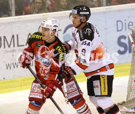 EBEL. Eishockey Bundesliga. KAC gegen HC Orli Znojmo. Stefan Geier,  (KAC), Ales Sova (Znojmo). Klagenfurt, am 24.10.2014.
Foto: Kuess 

---
pressefotos, pressefotografie, kuess, qs, qspictures, sport, bild, bilder, bilddatenbank