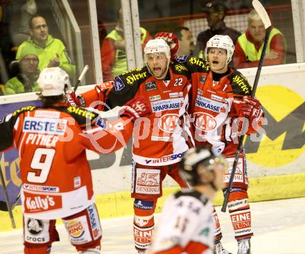 EBEL. Eishockey Bundesliga. KAC gegen HC Orli Znojmo. Torjubel  Thomas Poeck, Stefan Geier, Luke Pither (KAC). Klagenfurt, am 24.10.2014.
Foto: Kuess 

---
pressefotos, pressefotografie, kuess, qs, qspictures, sport, bild, bilder, bilddatenbank