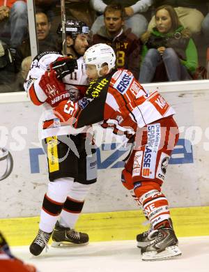 EBEL. Eishockey Bundesliga. KAC gegen HC Orli Znojmo. Kirk Furey, (KAC),  Branislav Rehus  (Znojmo). Klagenfurt, am 24.10.2014.
Foto: Kuess 

---
pressefotos, pressefotografie, kuess, qs, qspictures, sport, bild, bilder, bilddatenbank