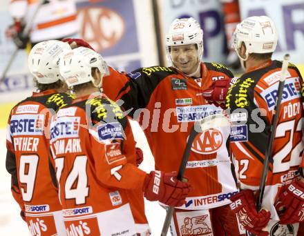 EBEL. Eishockey Bundesliga. KAC gegen HC Orli Znojmo. Jubel Kirk Furey, Jamie Lundmark, Luke Pither, Thomas Poeck (KAC). Klagenfurt, am 24.10.2014.
Foto: Kuess 

---
pressefotos, pressefotografie, kuess, qs, qspictures, sport, bild, bilder, bilddatenbank