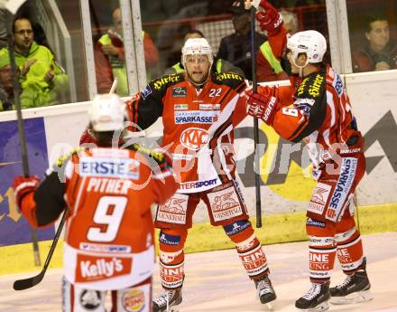 EBEL. Eishockey Bundesliga. KAC gegen HC Orli Znojmo. Torjubel  Thomas Poeck, Stefan Geier, Luke Pither (KAC). Klagenfurt, am 24.10.2014.
Foto: Kuess 

---
pressefotos, pressefotografie, kuess, qs, qspictures, sport, bild, bilder, bilddatenbank