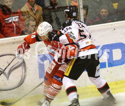 EBEL. Eishockey Bundesliga. KAC gegen HC Orli Znojmo. Johannes Reichel, (KAC), Jan Seda  (Znojmo). Klagenfurt, am 24.10.2014.
Foto: Kuess 

---
pressefotos, pressefotografie, kuess, qs, qspictures, sport, bild, bilder, bilddatenbank