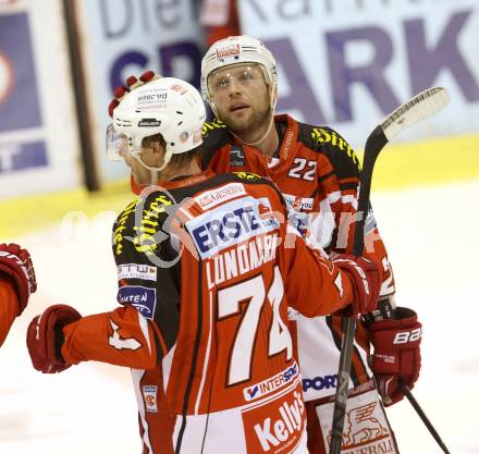 EBEL. Eishockey Bundesliga. KAC gegen HC Orli Znojmo.  Jubel Jamie Lundmark, Thomas Poeck (KAC). Klagenfurt, am 24.10.2014.
Foto: Kuess 

---
pressefotos, pressefotografie, kuess, qs, qspictures, sport, bild, bilder, bilddatenbank