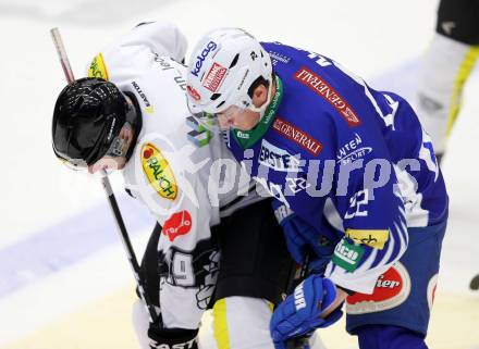 EBEL. Eishockey Bundesliga. EC VSV gegen Dornbirner Eishockey Club.  Adis Alagic,  (VSV), Justin Di Benedetto (Dornbirn). Villach, am 26.10.2014.
Foto: Kuess 


---
pressefotos, pressefotografie, kuess, qs, qspictures, sport, bild, bilder, bilddatenbank