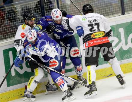 EBEL. Eishockey Bundesliga. EC VSV gegen Dornbirner Eishockey Club.  Mark Santorelli, Brock McBride,  (VSV), Nikolas Petrik, Garnet Exelby (Dornbirn). Villach, am 26.10.2014.
Foto: Kuess 


---
pressefotos, pressefotografie, kuess, qs, qspictures, sport, bild, bilder, bilddatenbank